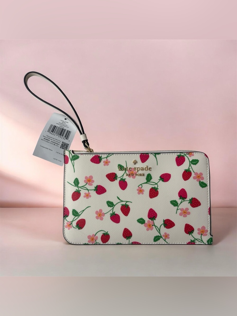 Kate Spade Strawberry Vine Cream Medium Wristlet Clutch New - read description